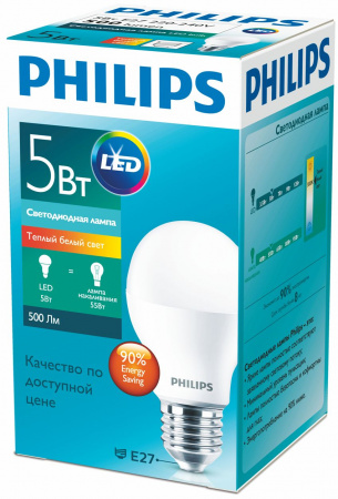 Philips Лампа LED 5W E27 3000K A60 PHILIPS (26570)